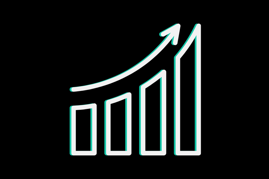 A stylised bar chart with four ascending bars and an upward-curving arrow above them, representing growth and increasing performance.