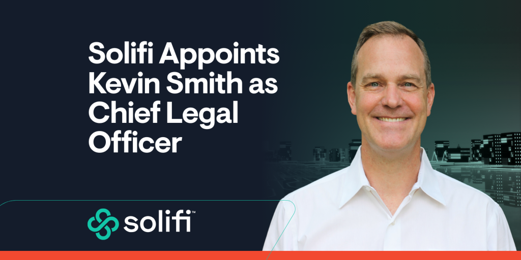 Headshot of Kevin Smith, the new Chief Legal Officer at Solifi, smiling and wearing a white shirt against a dark green and blue background with Solifi branding.