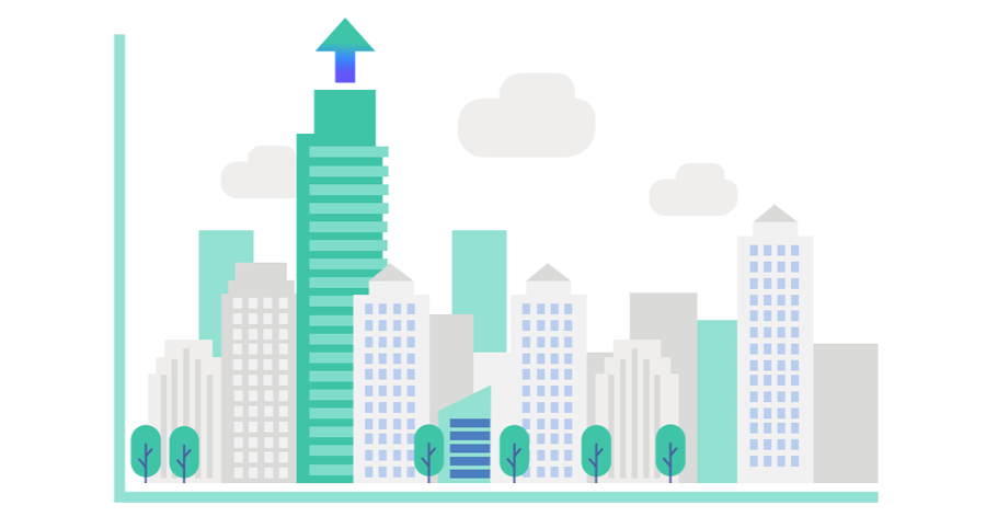 Bar chart that looks like a cityscape with skyscrapers and trees.