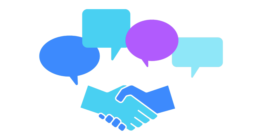 A handshake surrounded by speech bubbles.
