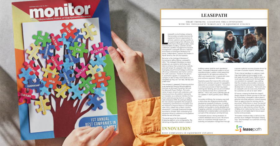 A picture of the front cover of the monitor magazine featuring several colorful jigsaw pieces, being held in 2 hands, beside a screenshot of the excerpt talking about the leasepath article contained in the magazine