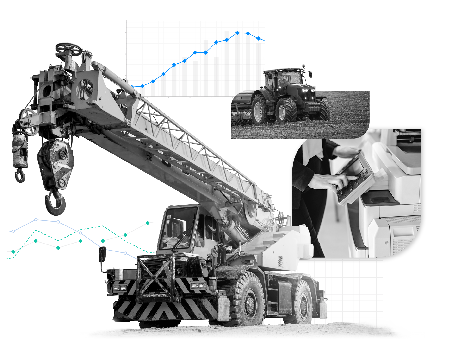 Equipment leasing software conceptual collage of industrial machines: a crane, a tractor, and a robotic arm, interspersed with line graphs, against a grid background.
